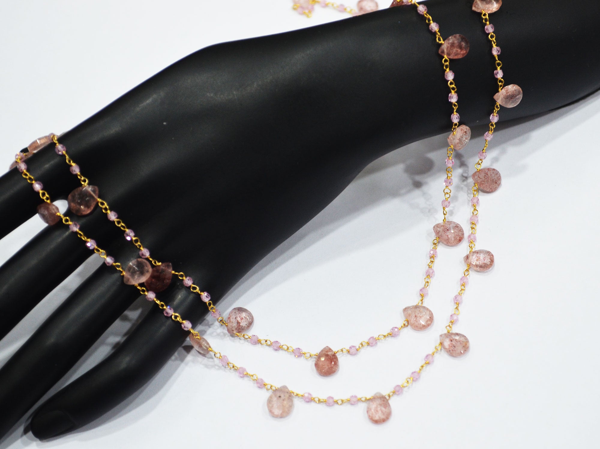 Natural Strawberry Quartz Faceted Pear Shape Rosary Beaded Chain , Pink Cubic Zircon Faceted Rondelle Shape Wire Wrapped Chain , Sold By Foot , 3 mm , RB-6501