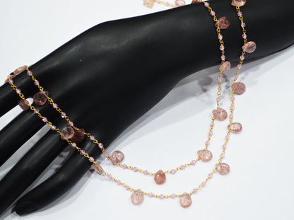 Natural Strawberry Quartz Faceted Pear Shape Rosary Beaded Chain , Pink Cubic Zircon Faceted Rondelle Shape Wire Wrapped Chain , Sold By Foot , 3 mm , RB-6501