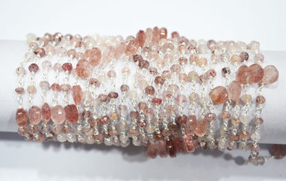 Natural Strawberry Quartz Faceted Heart Shape Rosary Beaded Chain , Sold By Foot , 3 - 3.50 mm , RB-6502