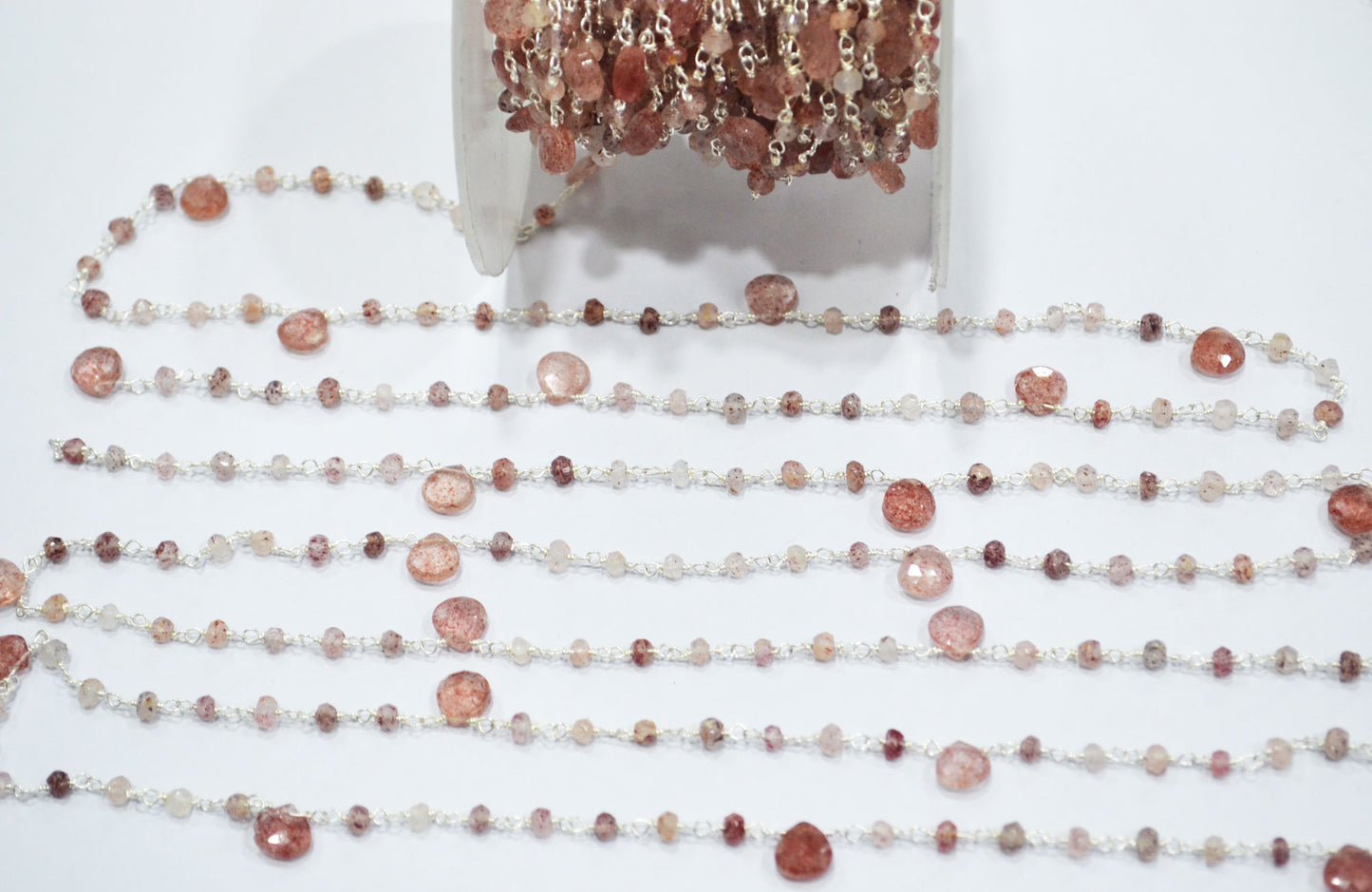 Natural Strawberry Quartz Faceted Heart Shape Rosary Beaded Chain , Sold By Foot , 3 - 3.50 mm , RB-6502