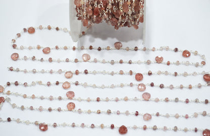 Natural Strawberry Quartz Faceted Heart Shape Rosary Beaded Chain , Sold By Foot , 3 - 3.50 mm , RB-6502