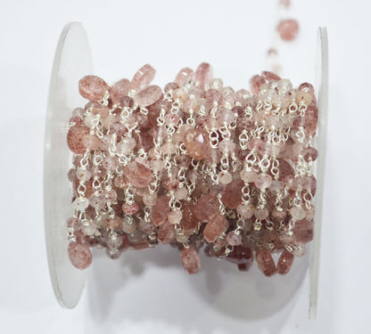 Natural Strawberry Quartz Faceted Heart Shape Rosary Beaded Chain , Sold By Foot , 3 - 3.50 mm , RB-6502