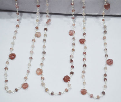 Natural Strawberry Quartz Faceted Heart Shape Rosary Beaded Chain , Sold By Foot , 3 - 3.50 mm , RB-6502