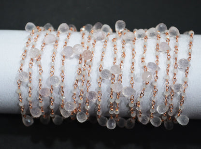 Natural Rose Quartz Faceted Round Shape Rosary Beaded Chain , Sold By Foot , 2 mm , RB-6503