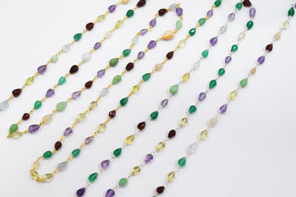 Multi Semi Precious Stone Faceted Tear Drops Shape Rosary Beaded Chain , 3x4 - 5x7 mm , RB-6505