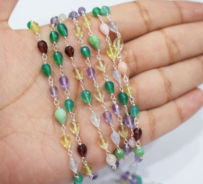 Multi Semi Precious Stone Faceted Tear Drops Shape Rosary Beaded Chain , 3x4 - 5x7 mm , RB-6505