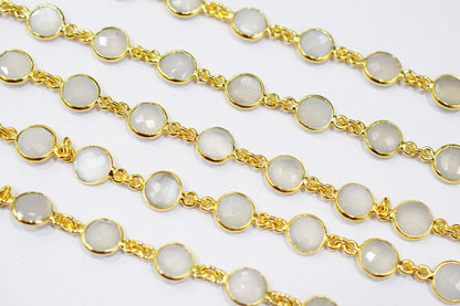 Ceylon Moonstone Faceted Coin Shape Connector Chain , 9 mm , RB-6507