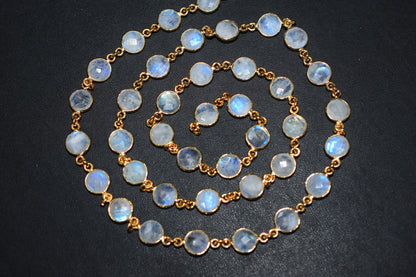 Rainbow Moonstone Faceted Coin Shape Connector Chain , 8 mm , RB-6508