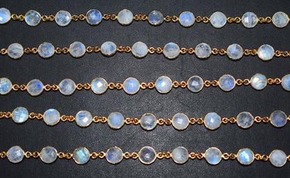 Rainbow Moonstone Faceted Coin Shape Connector Chain , 8 mm , RB-6508