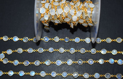 Rainbow Moonstone Faceted Coin Shape Connector Chain , 8 mm , RB-6508