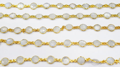 Rainbow Moonstone Faceted Coin Shape Connector Chain , 8 mm , RB-6508