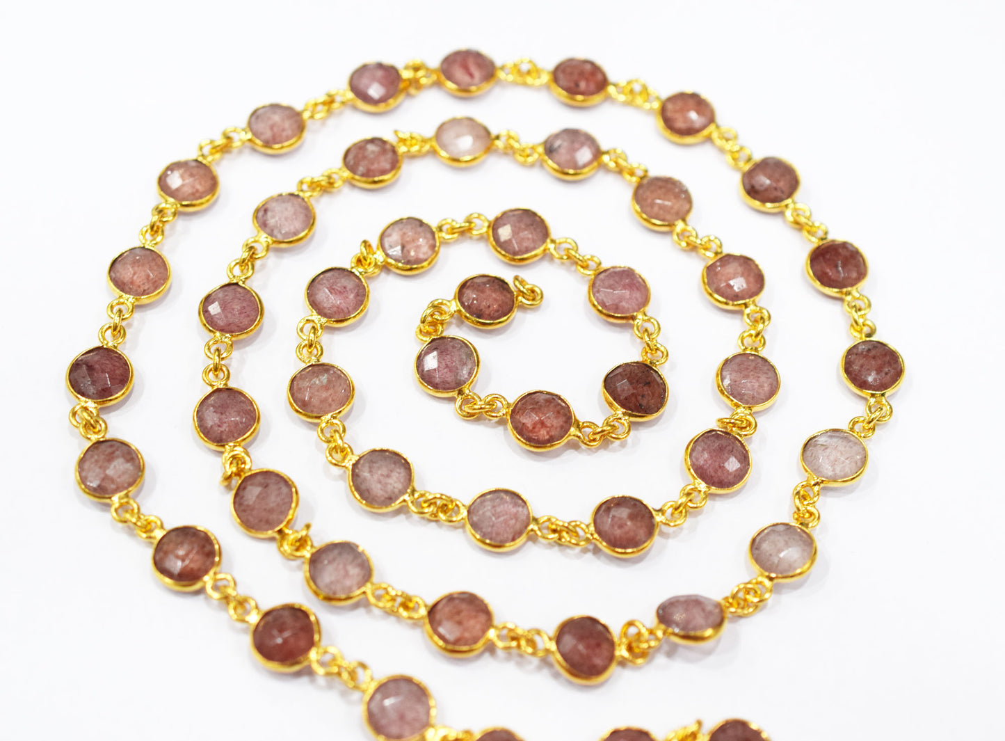 Red Strawberry Quartz Faceted Coin Shape Connector Chain , 9 mm , RB-6509