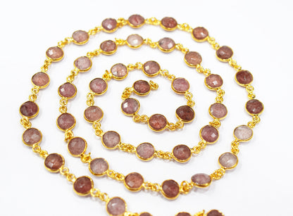 Red Strawberry Quartz Faceted Coin Shape Connector Chain , 9 mm , RB-6509