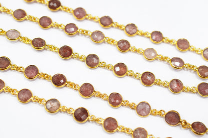 Red Strawberry Quartz Faceted Coin Shape Connector Chain , 9 mm , RB-6509
