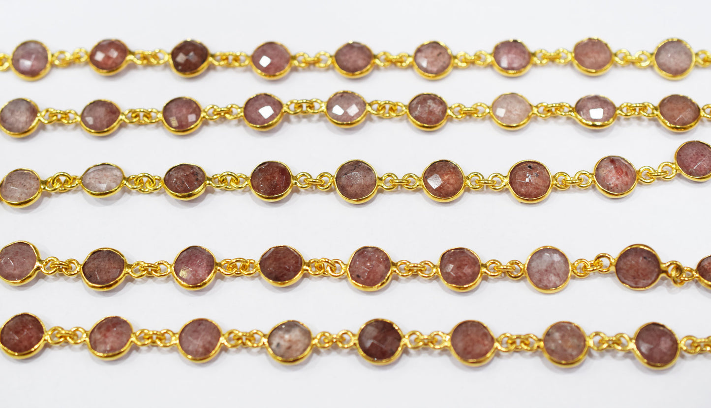 Red Strawberry Quartz Faceted Coin Shape Connector Chain , 9 mm , RB-6509