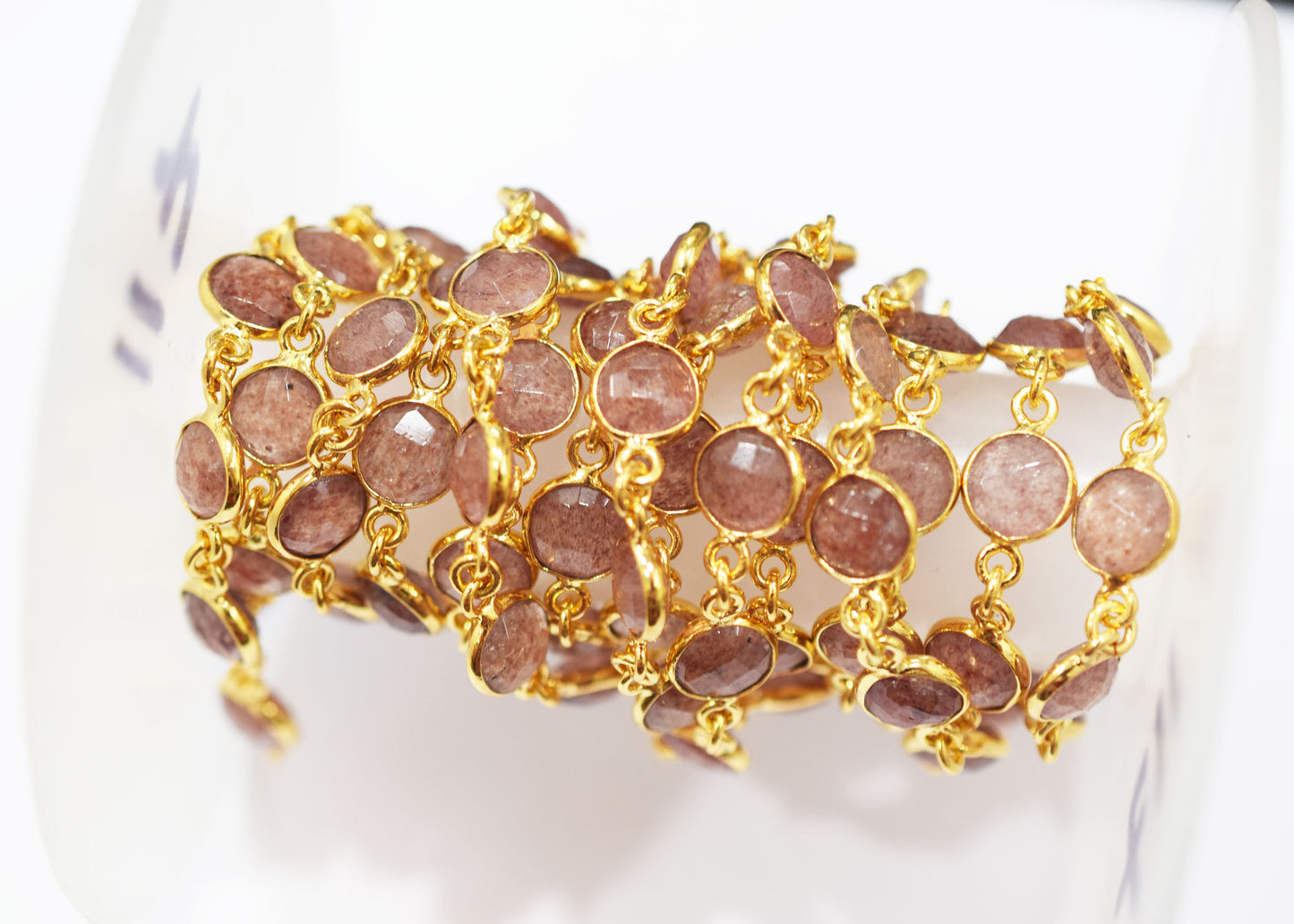 Red Strawberry Quartz Faceted Coin Shape Connector Chain , 9 mm , RB-6509