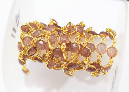 Red Strawberry Quartz Faceted Coin Shape Connector Chain , 9 mm , RB-6509