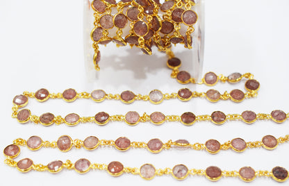 Red Strawberry Quartz Faceted Coin Shape Connector Chain , 9 mm , RB-6509