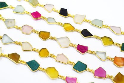 Multi Chalcedony Tablet Slice Shape Connector Chain , 11x12 - 12x13 mm , RB-6510