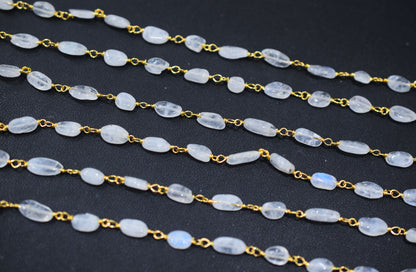 Rainbow Moonstone Smooth Uneven Oval Shape Rosary Beaded Chain , 7 - 10 mm , RB-6512
