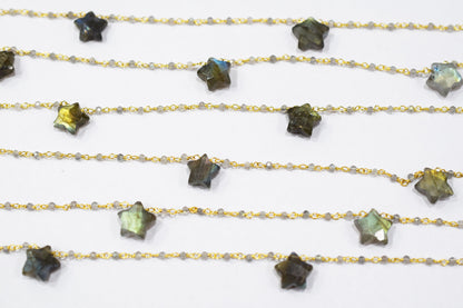 Labradorite Faceted Round Shape Rosary Beaded Chain , Labradorite Faceted Star Shape Wire Wrapped Chain , 2 - 9 mm , RB-6514A