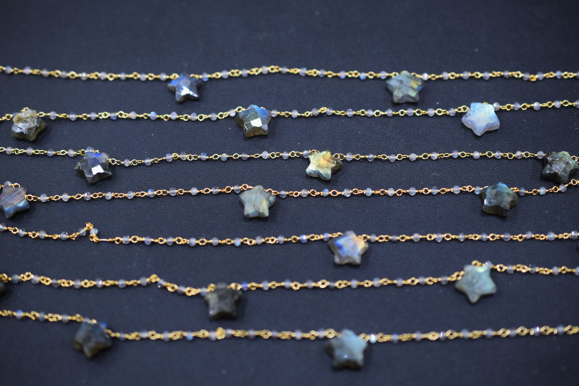 Labradorite Faceted Round Shape Rosary Beaded Chain , Labradorite Faceted Star Shape Wire Wrapped Chain , 2 - 9 mm , RB-6514A