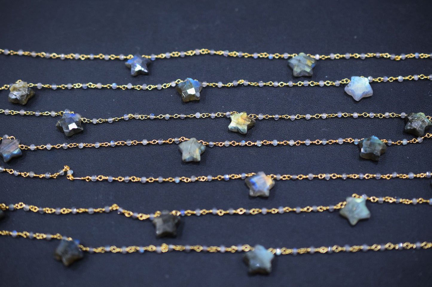 Labradorite Faceted Round Shape Rosary Beaded Chain , Labradorite Faceted Star Shape Wire Wrapped Chain , 2 - 9 mm , RB-6514A