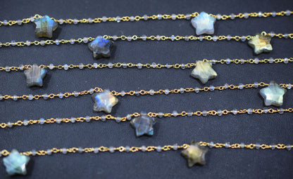 Labradorite Faceted Round Shape Rosary Beaded Chain , Labradorite Faceted Star Shape Wire Wrapped Chain , 2 - 9 mm , RB-6514A