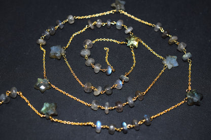 Labradorite Smooth Rondelle Shape Rosary Beaded Chain , Labradorite Faceted Star Shape Wire Wrapped Chain , 7 - 9 mm , RB-6514B