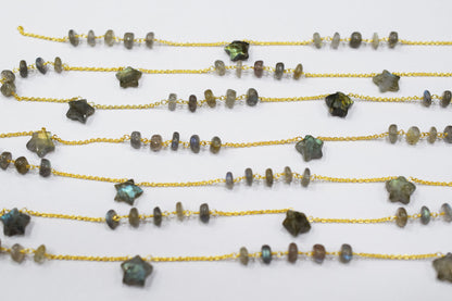 Labradorite Smooth Rondelle Shape Rosary Beaded Chain , Labradorite Faceted Star Shape Wire Wrapped Chain , 7 - 9 mm , RB-6514B