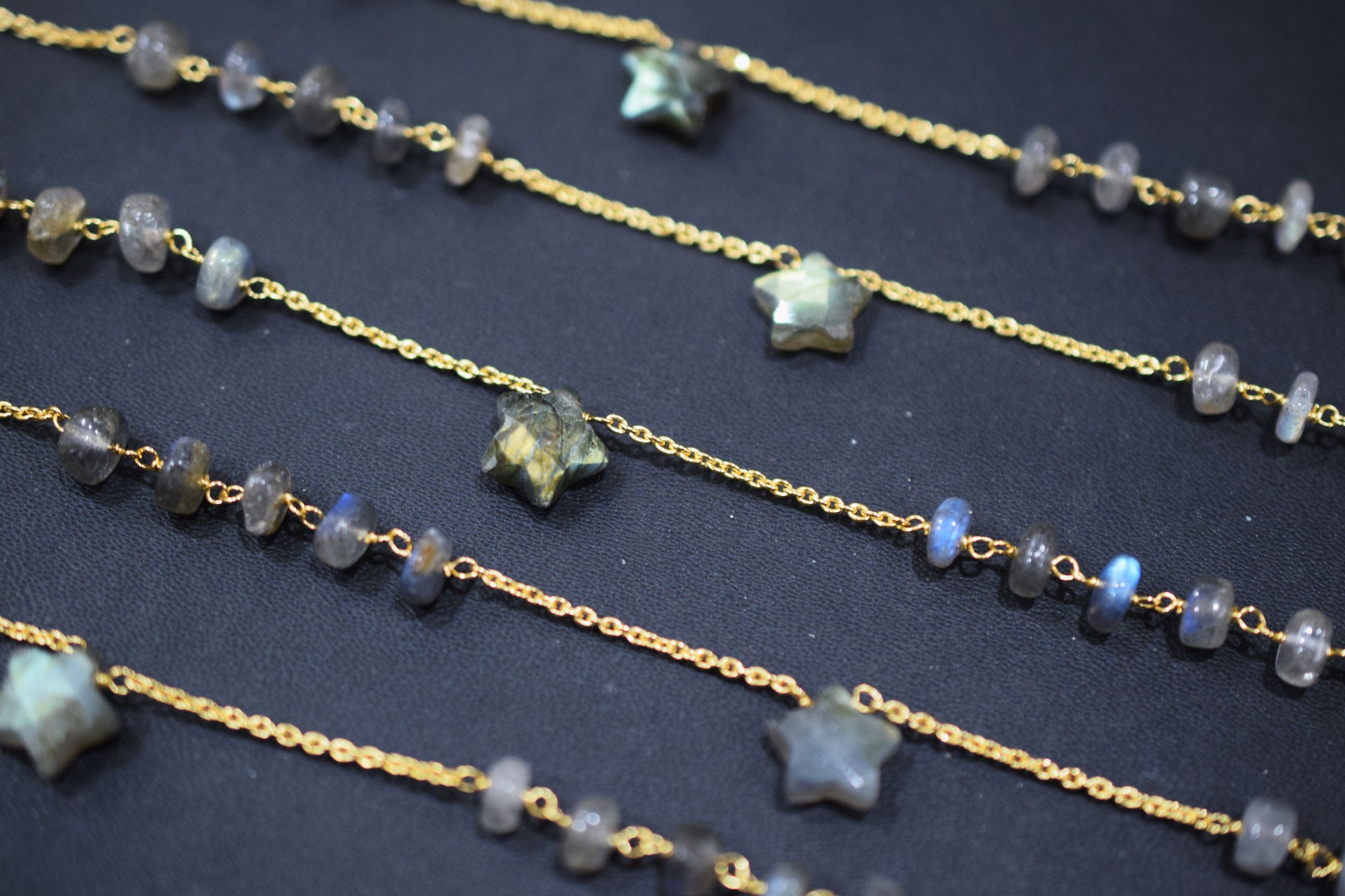 Labradorite Smooth Rondelle Shape Rosary Beaded Chain , Labradorite Faceted Star Shape Wire Wrapped Chain , 7 - 9 mm , RB-6514B