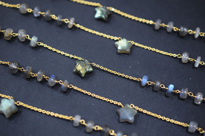 Labradorite Smooth Rondelle Shape Rosary Beaded Chain , Labradorite Faceted Star Shape Wire Wrapped Chain , 7 - 9 mm , RB-6514B