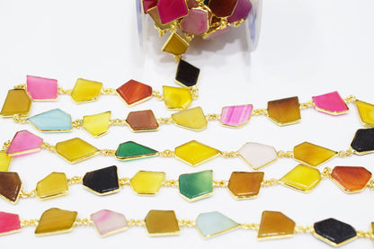 Multi Chalcedony Tablet Slice Shape Connector Chain , 14x18 - 19x21 mm , RB-6515
