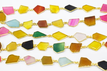 Multi Chalcedony Tablet Slice Shape Connector Chain , 14x18 - 19x21 mm , RB-6515