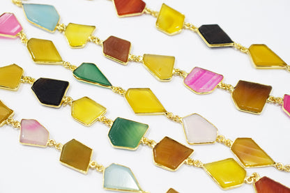 Multi Chalcedony Tablet Slice Shape Connector Chain , 14x18 - 19x21 mm , RB-6515