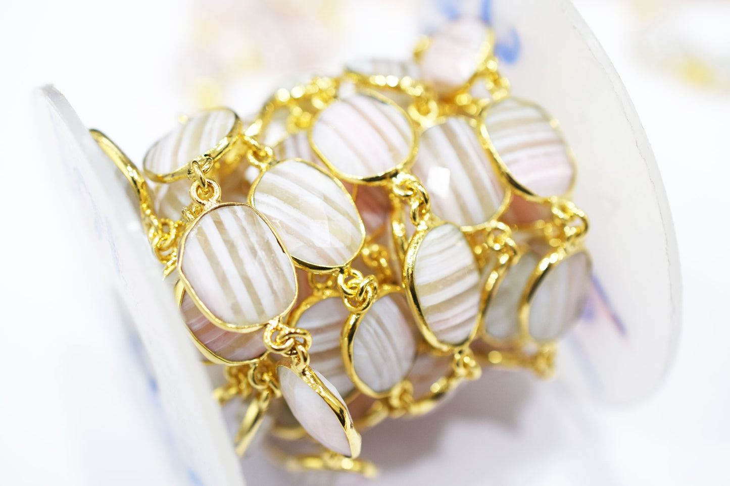 Lace Pink Peruvian Opal Faceted Slice Shape Connector Chain , 13x16 mm , RB-6518