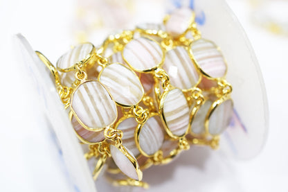 Lace Pink Peruvian Opal Faceted Slice Shape Connector Chain , 13x16 mm , RB-6518