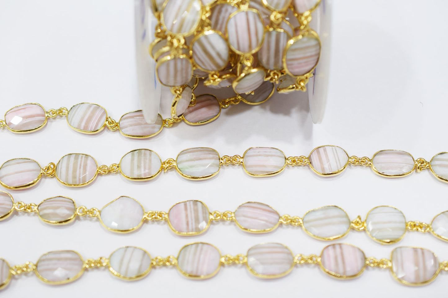 Lace Pink Peruvian Opal Faceted Slice Shape Connector Chain , 13x16 mm , RB-6518