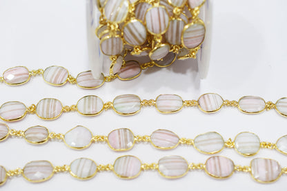 Lace Pink Peruvian Opal Faceted Slice Shape Connector Chain , 13x16 mm , RB-6518