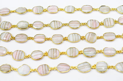Lace Pink Peruvian Opal Faceted Slice Shape Connector Chain , 13x16 mm , RB-6518