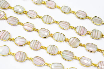 Lace Pink Peruvian Opal Faceted Slice Shape Connector Chain , 13x16 mm , RB-6518