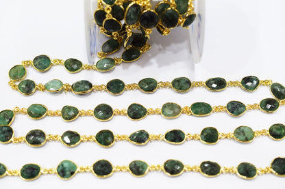 Natural Sakota Emerald Faceted Slice Shape Connector Chain , 10x12 - 11x13 mm , RB-6520