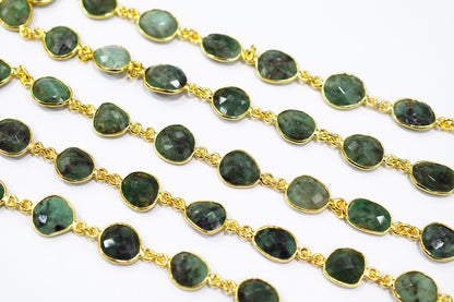 Natural Sakota Emerald Faceted Slice Shape Connector Chain , 10x12 - 11x13 mm , RB-6520