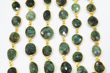 Natural Sakota Emerald Faceted Slice Shape Connector Chain , 13x16 - 15x18 mm , RB-6521