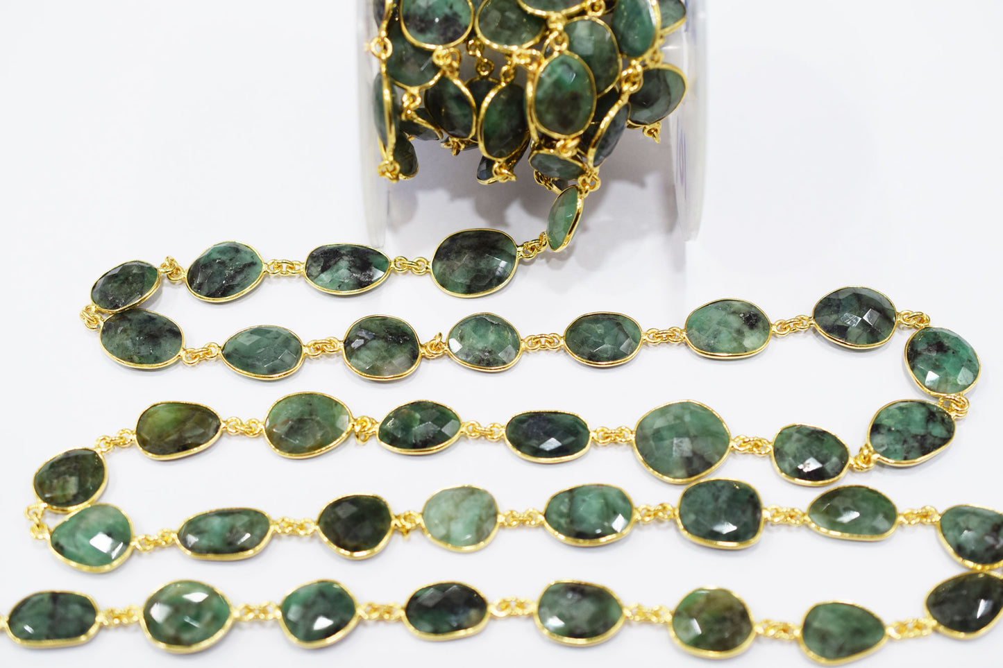 Natural Sakota Emerald Faceted Slice Shape Connector Chain , 13x16 - 15x18 mm , RB-6521