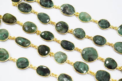 Natural Sakota Emerald Faceted Slice Shape Connector Chain , 13x16 - 15x18 mm , RB-6521