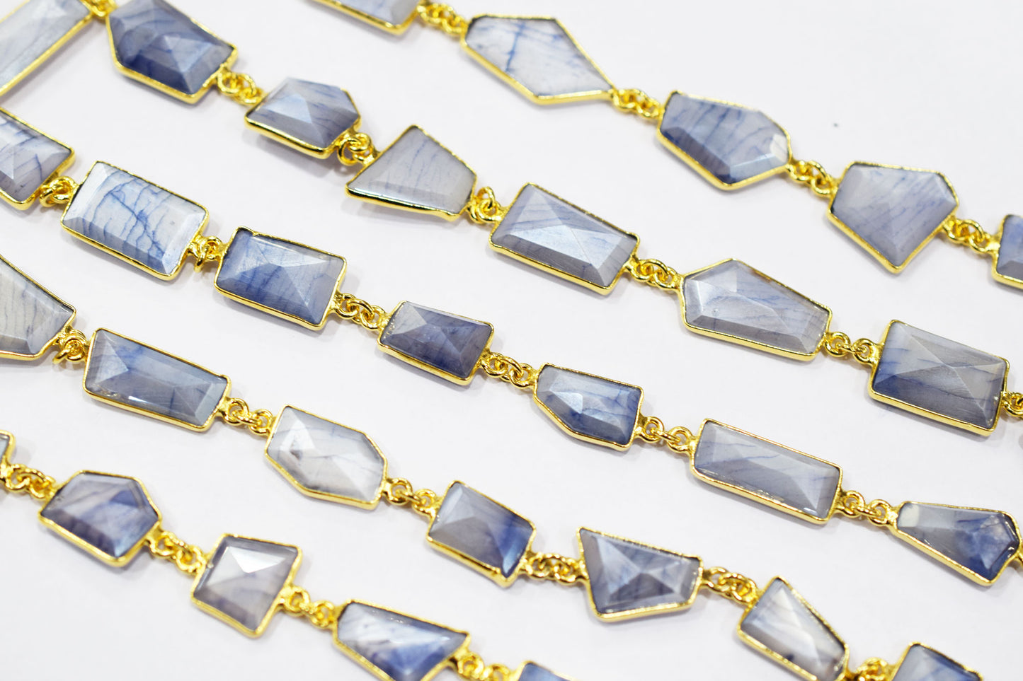 Silverite Sapphire Moonstone AB Coated Huge Fancy Cut Shape Connector Chain , 10x12 - 9x22 mm , RB-6522