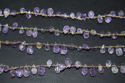 Pink Amethyst Hand Cut Drops Shape Rosary Beaded Chain , 8 mm , RB-6524