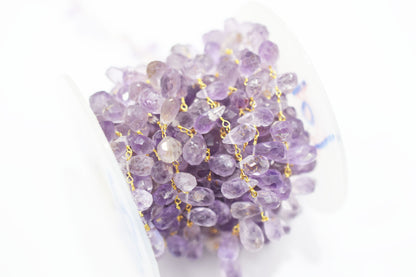 Pink Amethyst Hand Cut Drops Shape Rosary Beaded Chain , 8 mm , RB-6524