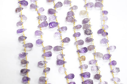 Pink Amethyst Hand Cut Drops Shape Rosary Beaded Chain , 8 mm , RB-6524